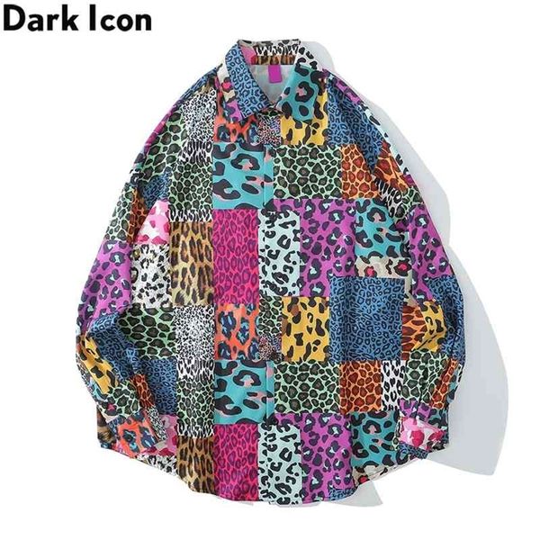 dark icon leopard patchwork men's shirt long sleeve streetwear hip hop shirts loose shirts man 210331, White;black